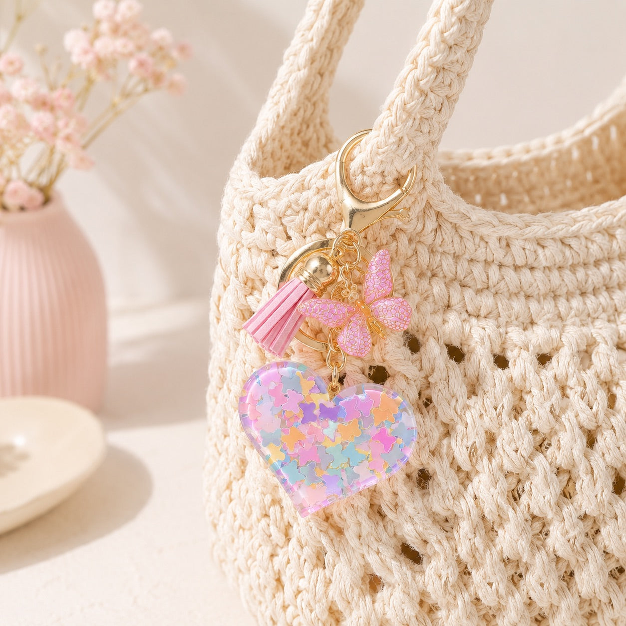 Charm Corazón Mariposa multicolor para bolso con mosquetón dorado colocado en bolso tejido