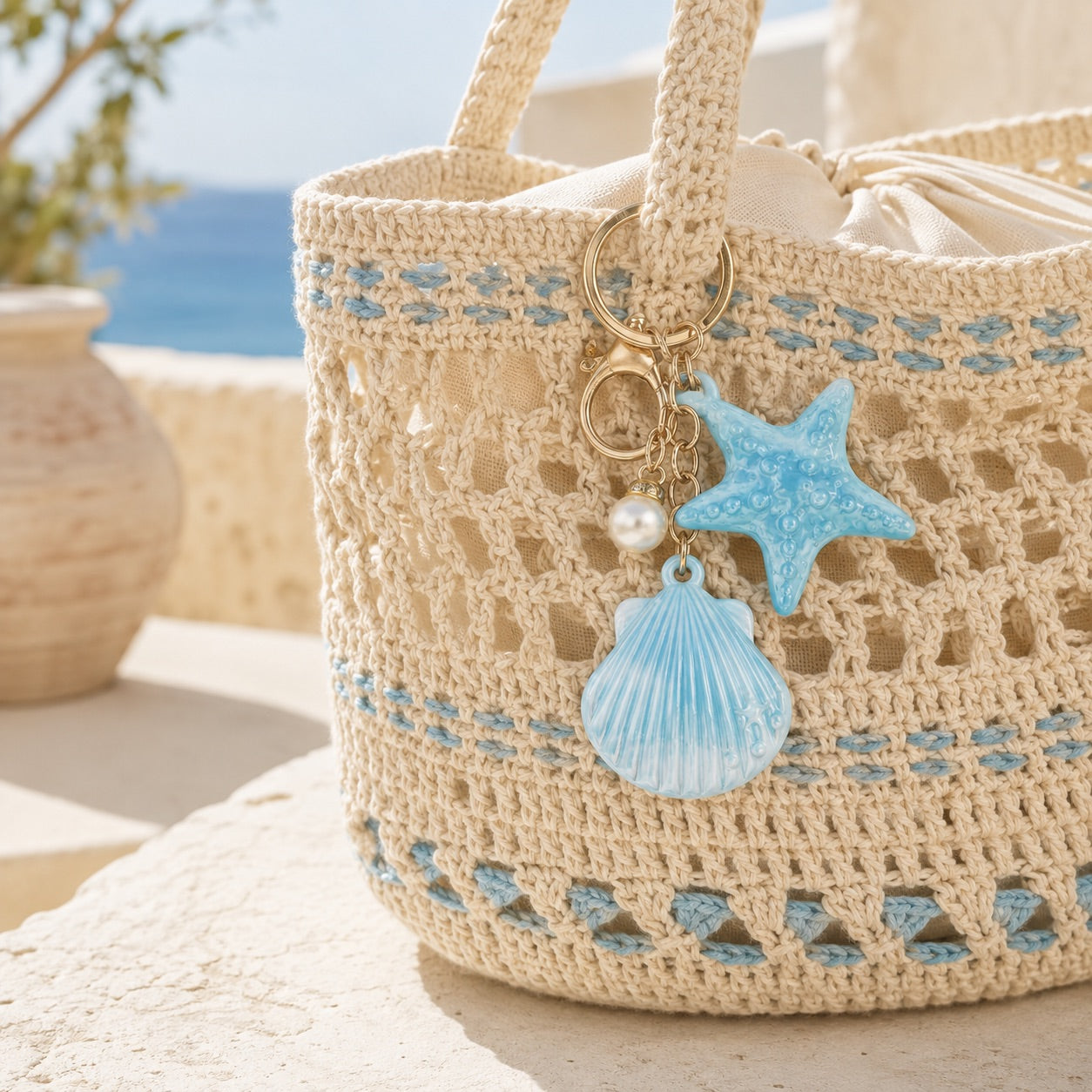 Charm Mar para bolso con estrella de mar y concha azul colocado en bolso tejido a crochet