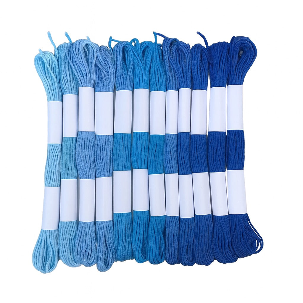 Madejas de hilo Mouliné en tonos azules, desde azul claro hasta azul marino, dispuestas en fila con etiquetas blancas sobre fondo blanco.