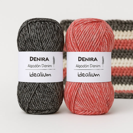 Ovillo Idealium Denira Algodón efecto denim en dos colores con prenda tejida al fondo