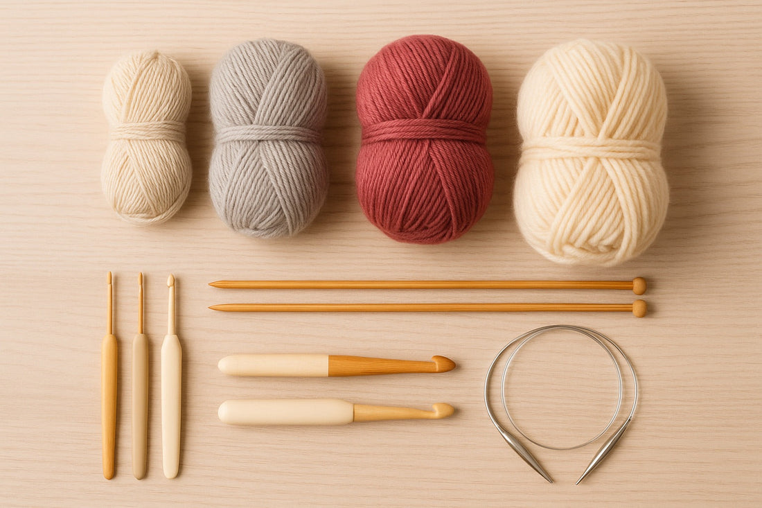Agujas de tejer y ganchillos junto a ovillos de diferentes grosores sobre una mesa de madera clara