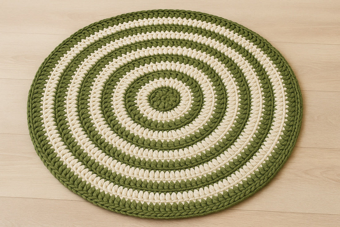 Alfombra redonda de trapillo tejida a crochet en punto alto, color natural, tejida con Trapillo Terra