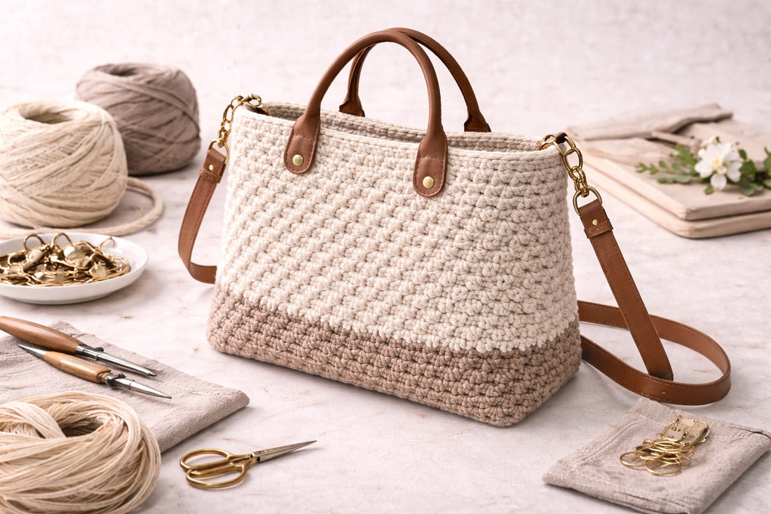 Bolso de crochet artesanal con detalles de cuero