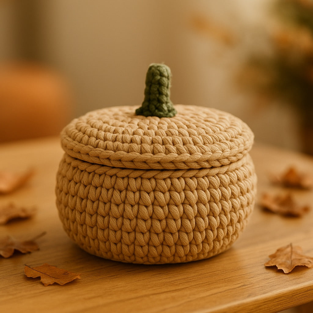 Cesta calabaza Halloween a ganchillo con trapillo