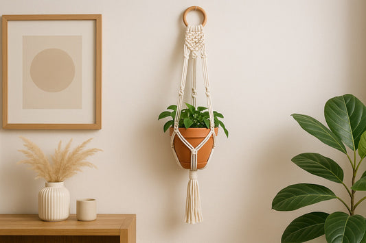Colgador de plantas de macramé en cuerda natural colgado en pared clara