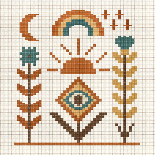 Diagrama de punto de cruz boho moderno con sol, luna, arcoíris y motivos geométricos