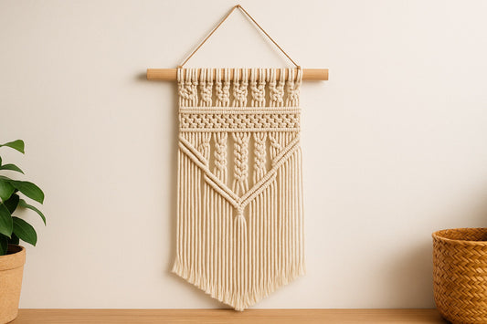 Tapiz de pared boho de macramé en cuerda natural colgado sobre varilla de madera