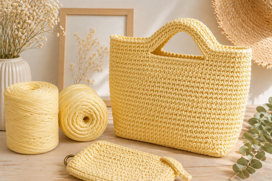 bolso tejido con trapillo en tonos amarillo mantequilla