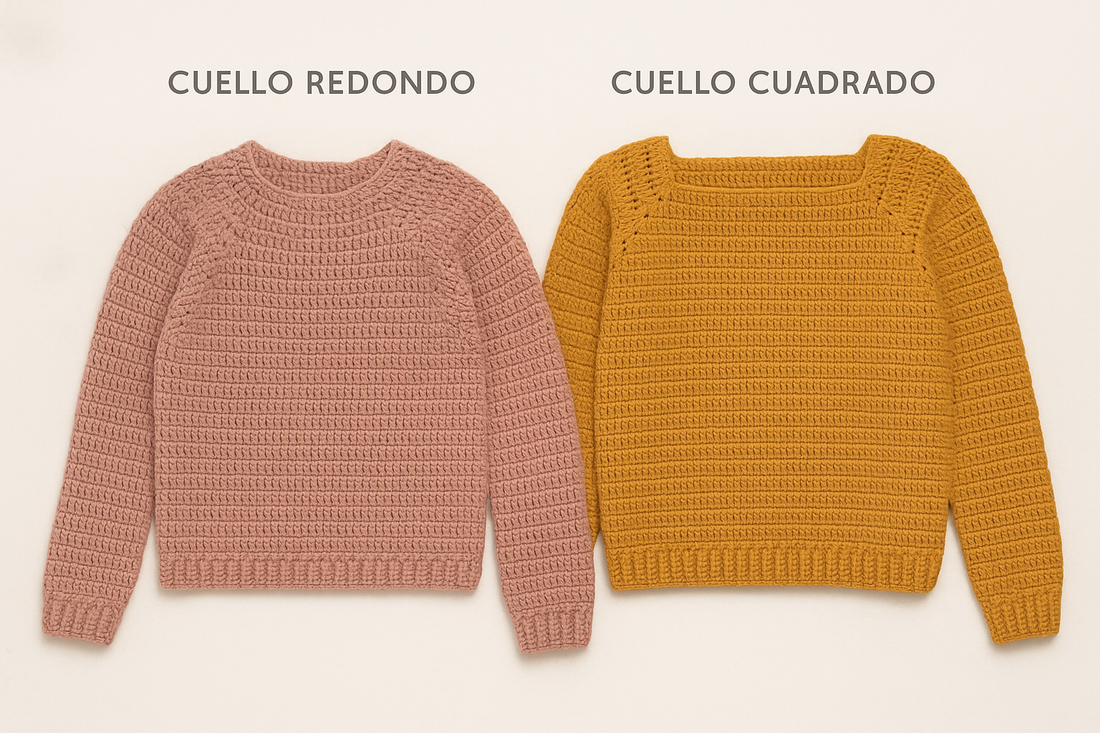cuello redondo vs. cuadrado en jersey top down a ganchillo