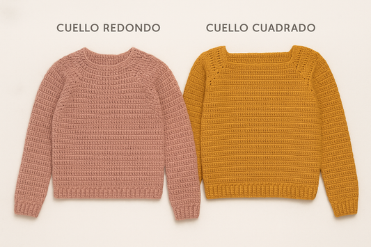 cuello redondo vs. cuadrado en jersey top down a ganchillo