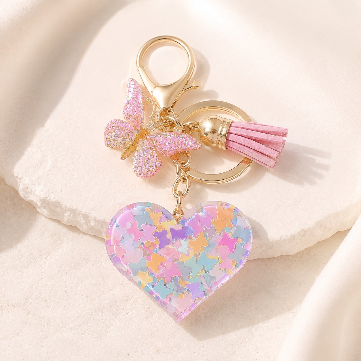 Charm Corazón Mariposa multicolor para bolso con mosquetón dorado
