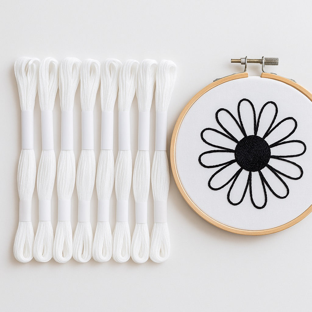 Madejas de hilo Mouliné blanco junto a un bastidor de bordado con diseño minimalista de flor delineada en hilo negro sobre fondo blanco.