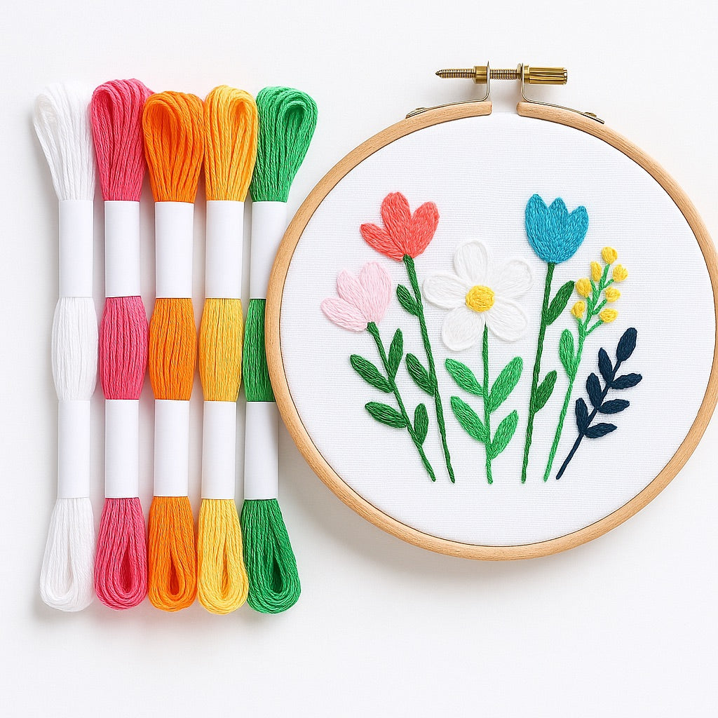 Madejas de hilo Mouliné en colores blanco, rosa, naranja, amarillo y verde junto a un bastidor con bordado floral moderno en tonos pastel sobre fondo blanco.