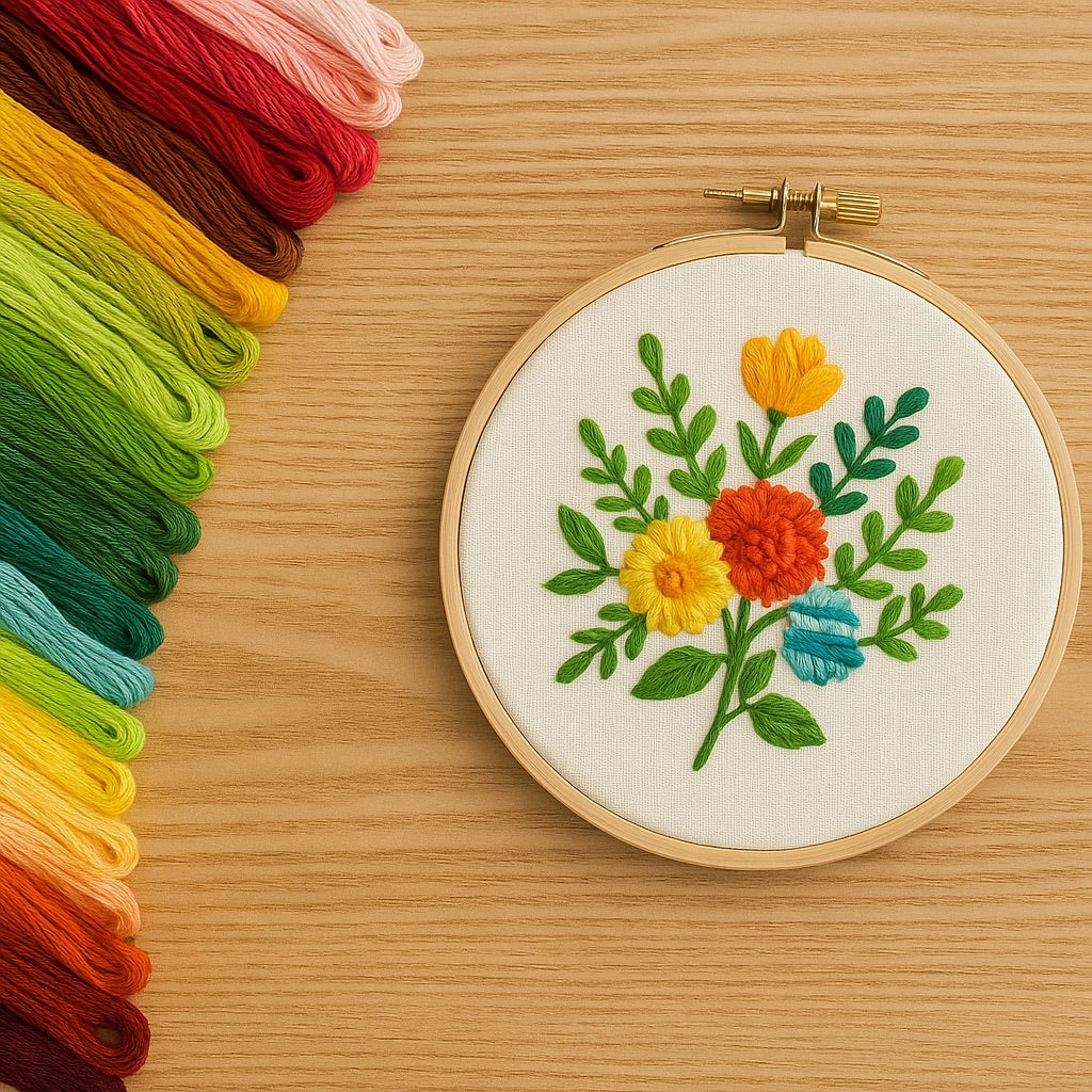 Madejas de hilo Mouliné en colores diferentes con proyecto de bordado en tela y bastidor