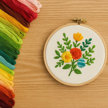 Madejas de hilo Mouliné en colores diferentes con proyecto de bordado en tela y bastidor