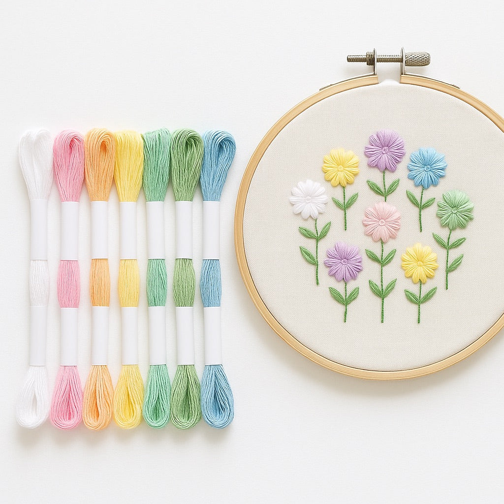 Madejas de hilo Mouliné en tonos pastel junto a un bastidor con diseño floral bordado en colores suaves rosa, amarillo, lavanda, azul y verde sobre fondo blanco.