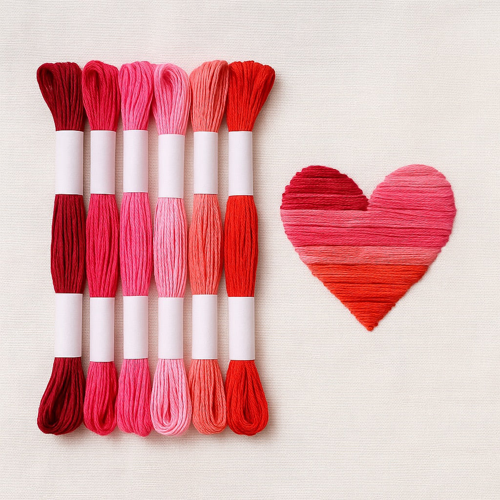 Madejas de hilo Mouliné en tonos rojos y rosados junto a un bordado en forma de corazón degradado en los mismos colores sobre fondo blanco.