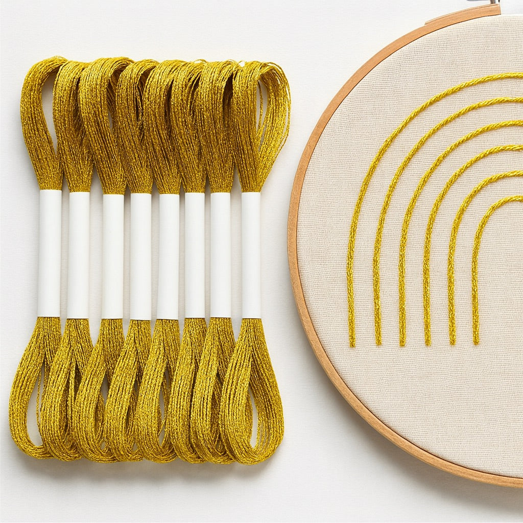 Madejas de hilo Mouliné metalizado color dorado junto a un bastidor con bordado moderno de líneas curvas doradas sobre fondo blanco.