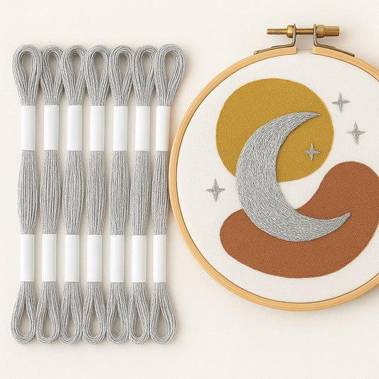 Madejas de hilo Mouliné metalizado color plata junto a un bastidor de bordado moderno con diseño de luna y estrellas bordadas en hilo plateado sobre fondo blanco.