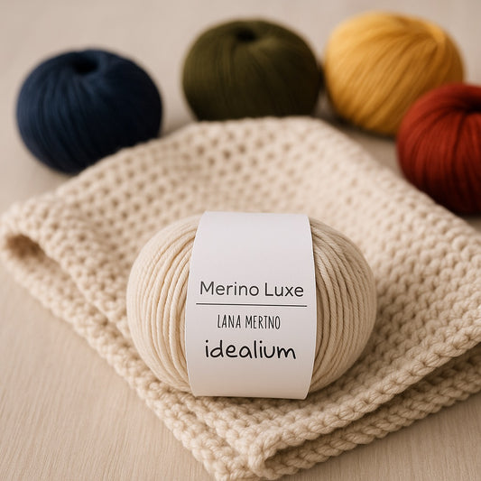 Varios ovillos de lana Merino Luxe Idealium, con uno en primer plano mostrando su etiqueta original sobre una manta tejida a mano en color crema, de textura gruesa y suave
