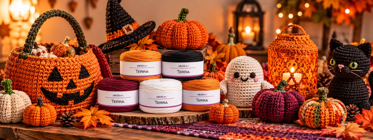Decoración de Halloween a crochet con trapillo Terra Idealium, calabazas, fantasma y gato tejidos